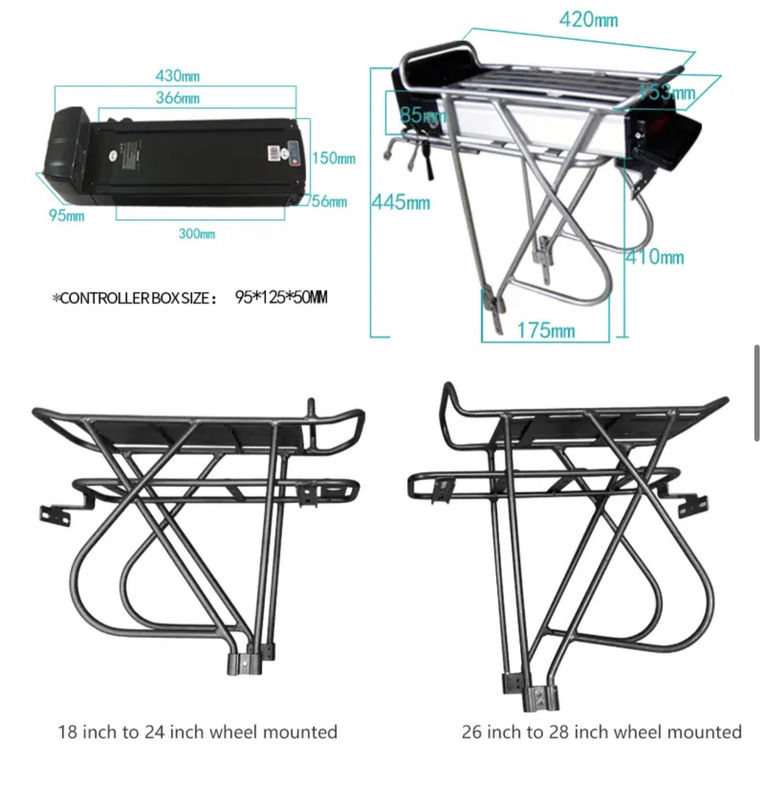 48V 36V Đứng phía sau Lithium Ion E Bike pin tùy chỉnh trọng lượng sạc Case bạc